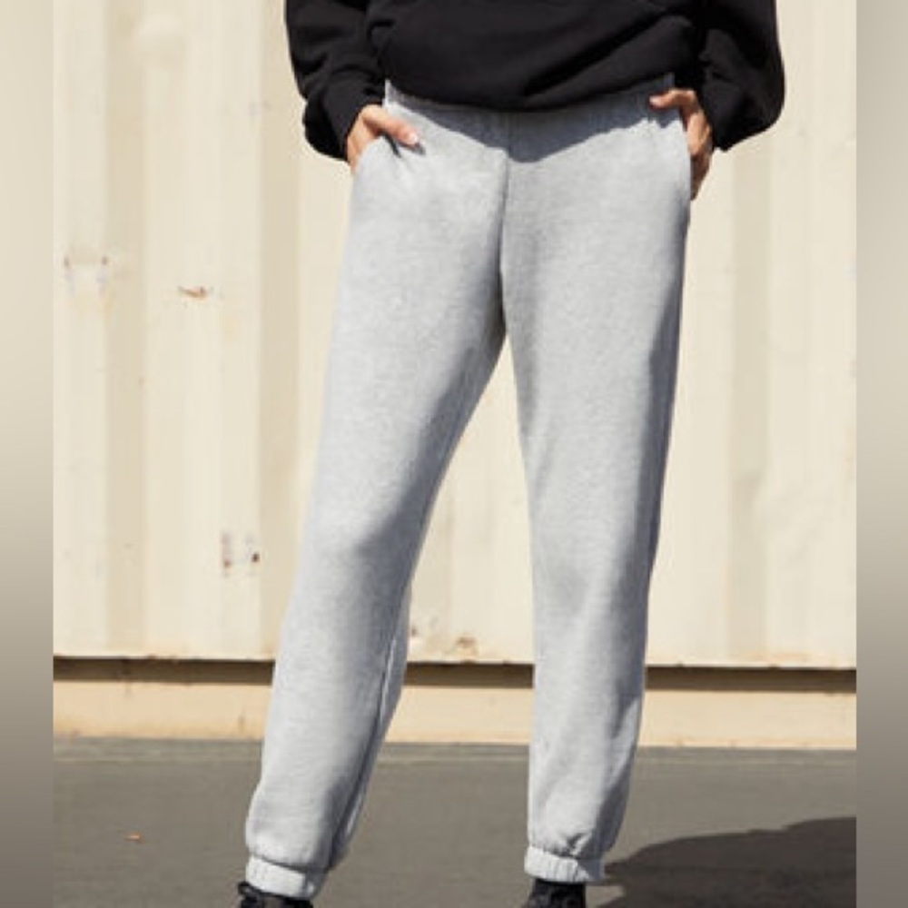 Brandy Melville John Galt Grey Sweatpants with Navy Blue Stripes OS (small)